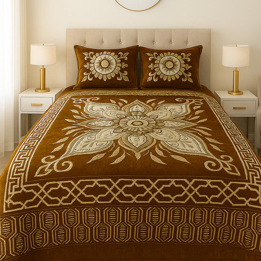 Luxury Brown Velvet Floral Bedding Set – Premium Soft Bedsheet with Elegant Embroidery Design