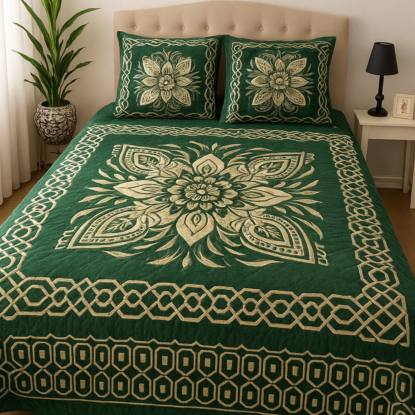 Elegant Green Velvet Floral Bedding Set – Premium Soft Bedsheet with Luxurious Texture